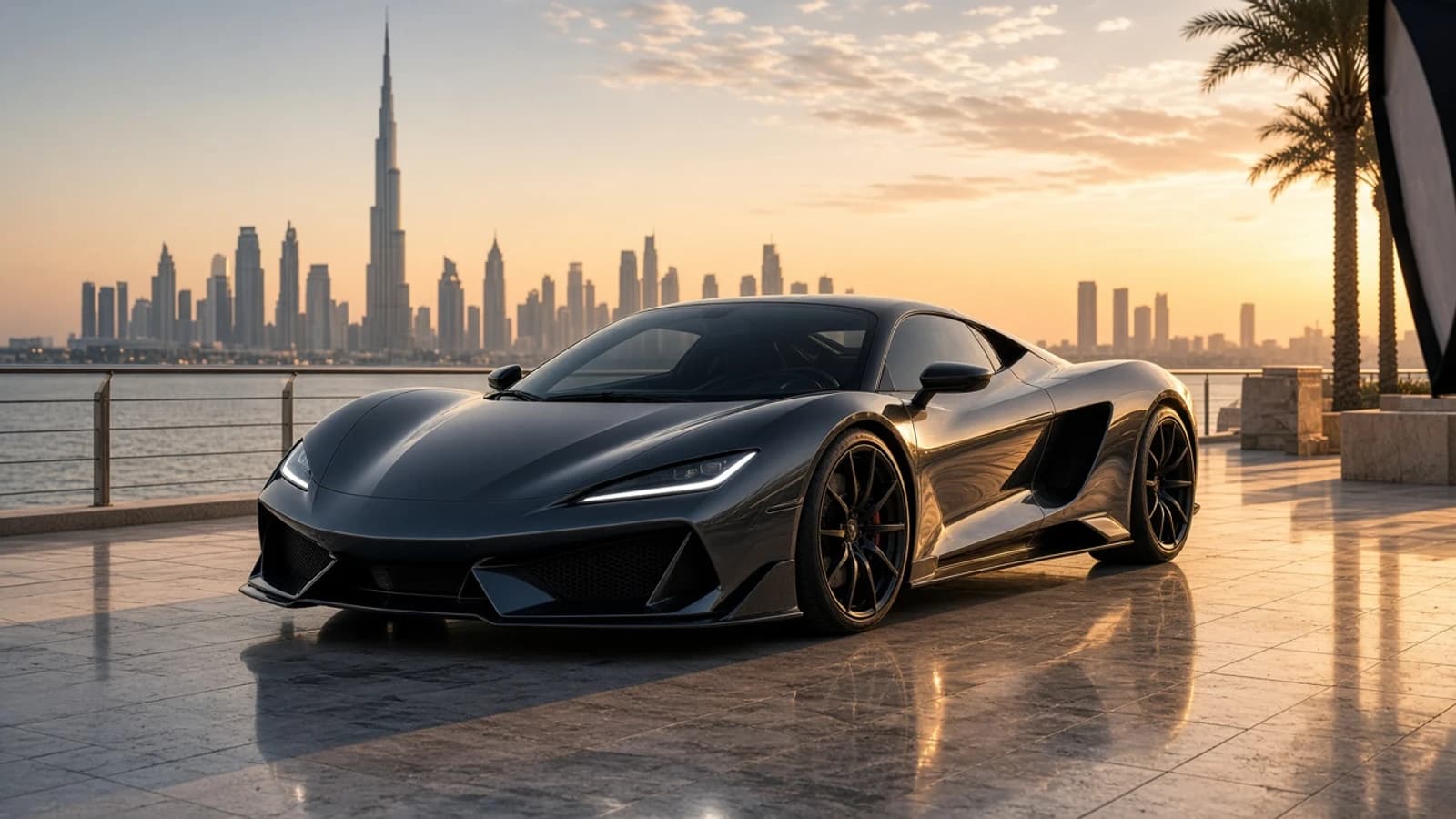 Luxury car rental Dubai photoshoot: exotic coupe staged on a Dubai waterfront promenade at golden hour
