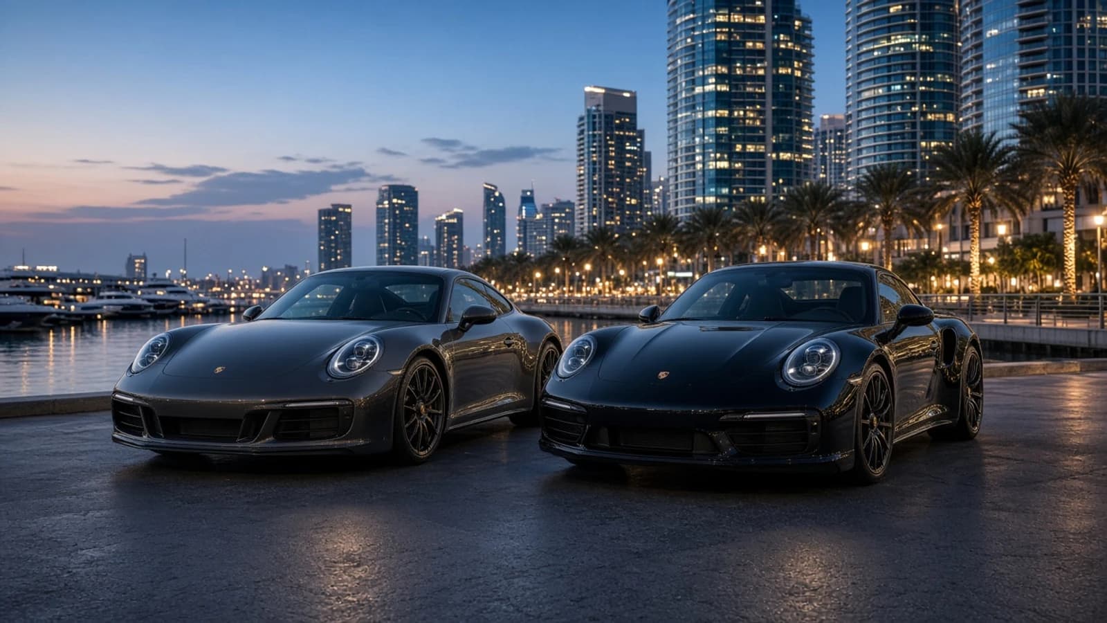 Porsche 911 Carrera GTS vs Turbo S Dubai: two 911 coupés at Dubai Marina waterfront at dusk