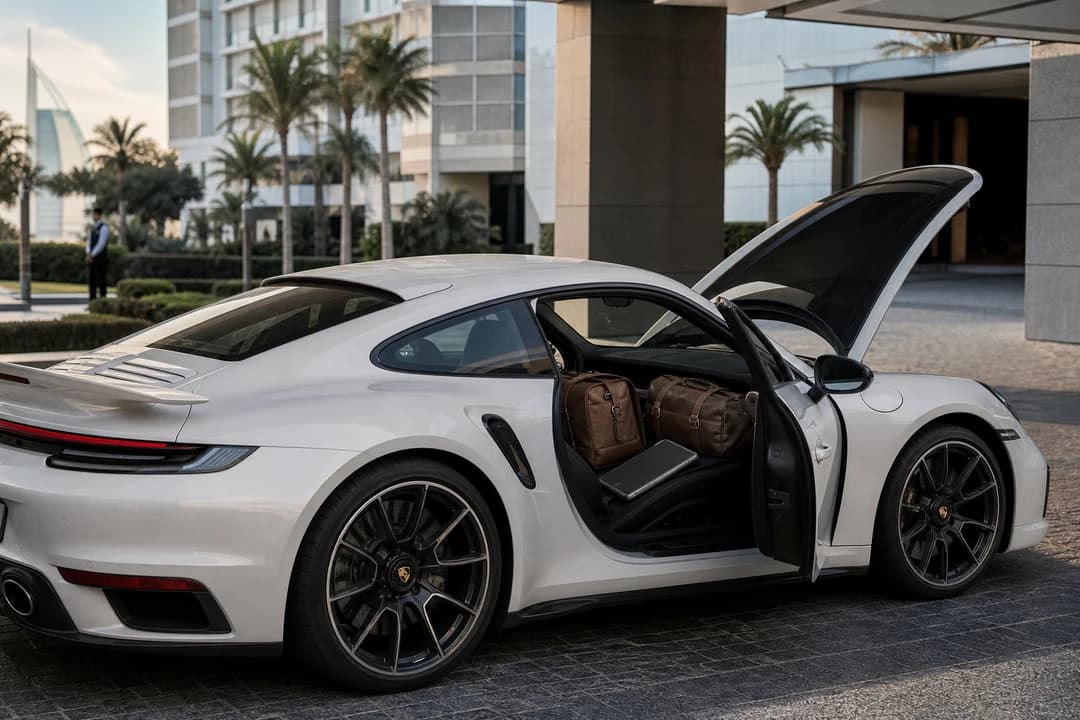 Porsche 911 Turbo S rear seats with soft bags at a Jumeirah hotel kerb for luxury car hire Dubai packing