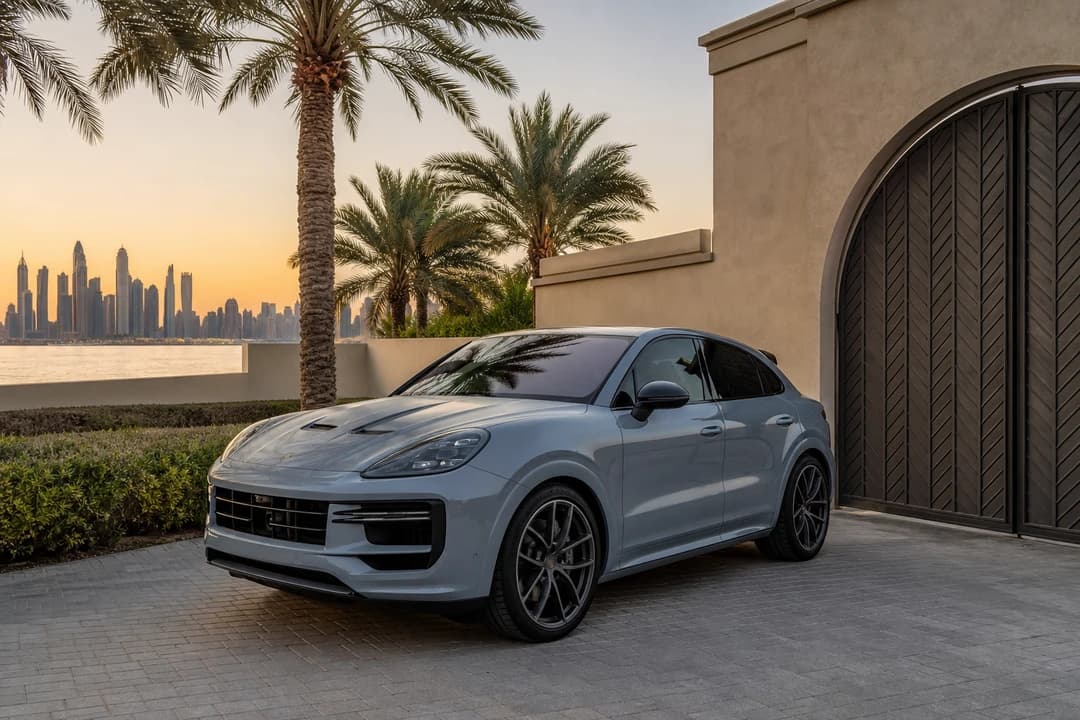 Porsche Cayenne Turbo GT at a Palm Jumeirah villa for rent Porsche Dubai SUV weeks