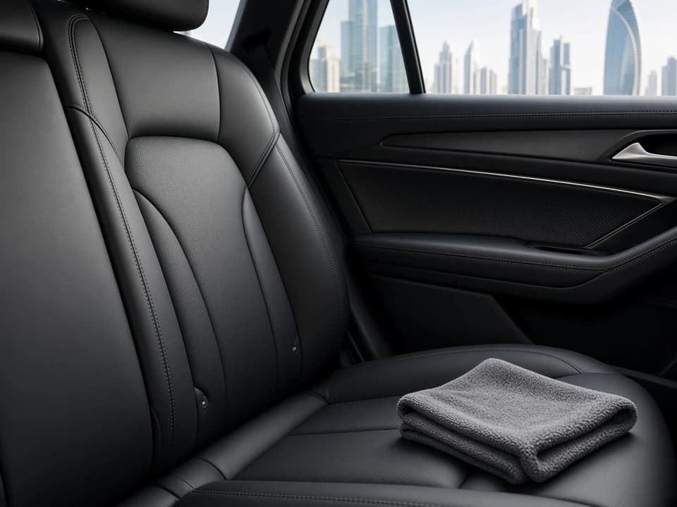 Pristine luxury car leather seats prepared before luxury car hire Dubai return to avoid cleaning fees