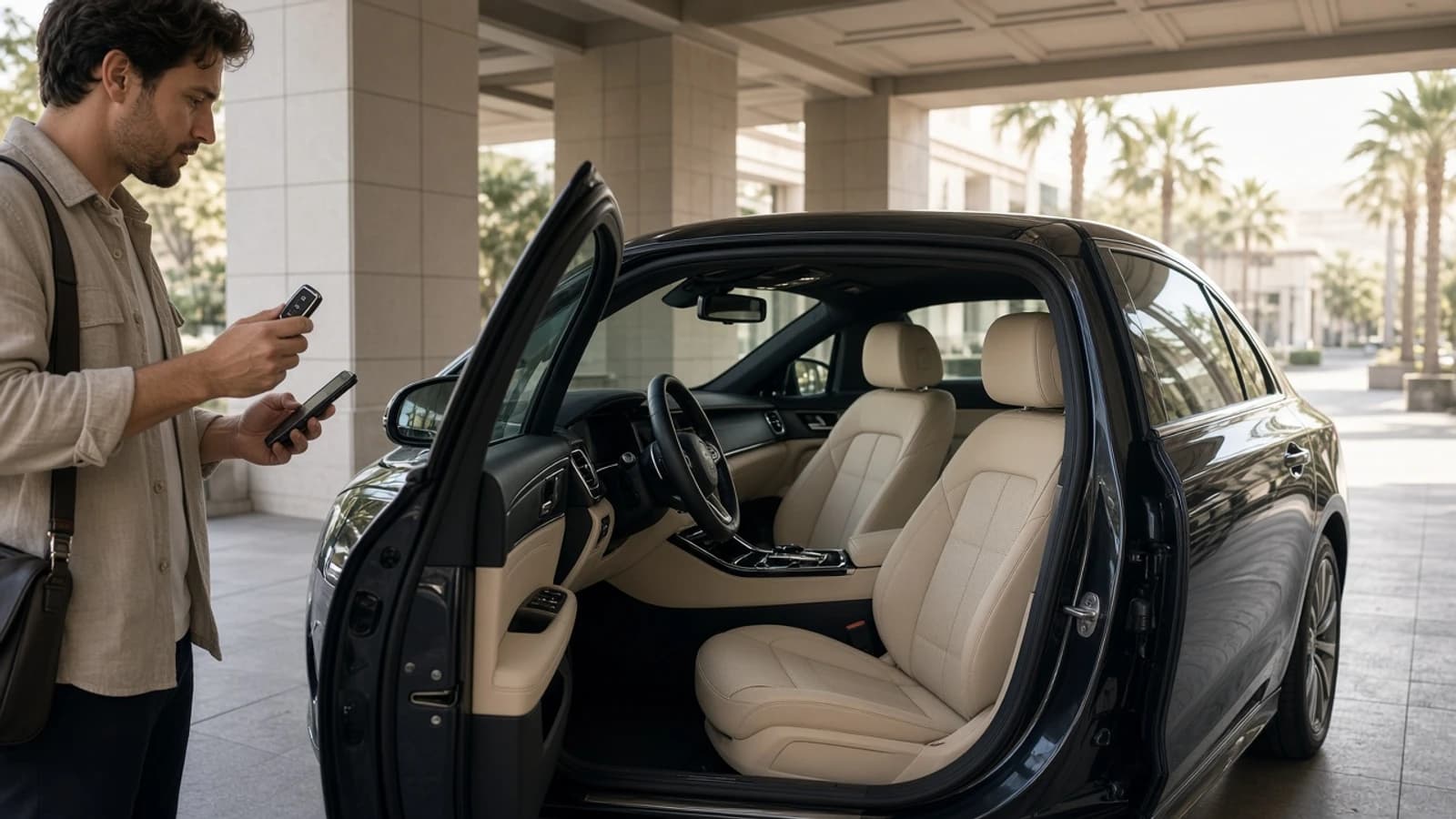 Rental car cleaning smoking fees Dubai: clean luxury sedan cabin at hotel return with keys ready