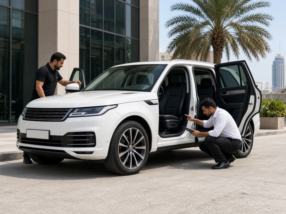 Dubai car rental guide handover with luxury SUV doors open during panel and mirror inspection