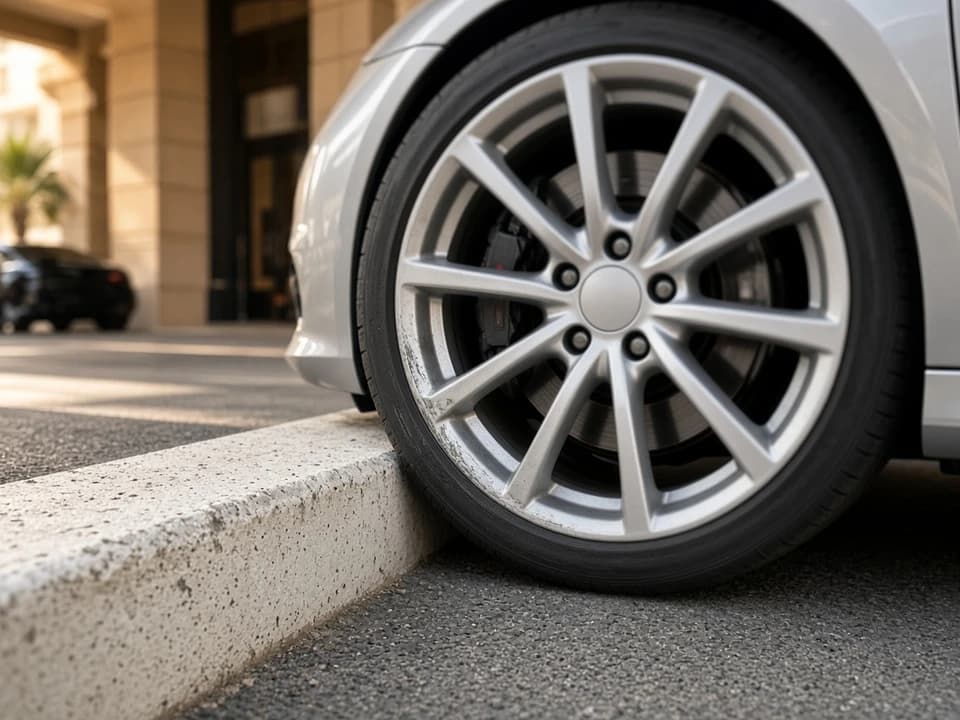 Dubai car rental guide walk-around with phone capturing alloy kerb rash on a supercar rental Dubai wheel