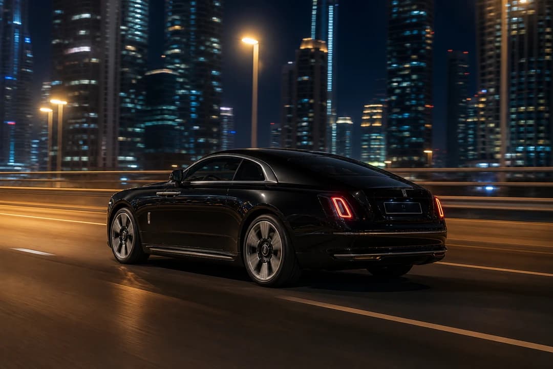 Rolls-Royce Spectre on Sheikh Zayed Road at night for rent Rolls-Royce Spectre Dubai city and highway plans