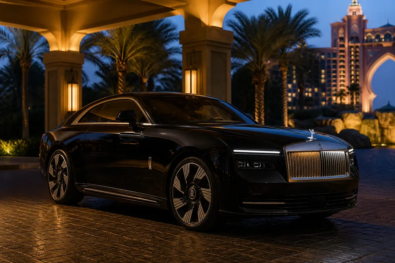 Rolls-Royce Spectre rental Dubai guide hero with black electric coupe at Atlantis The Palm porte-cochere at blue hour