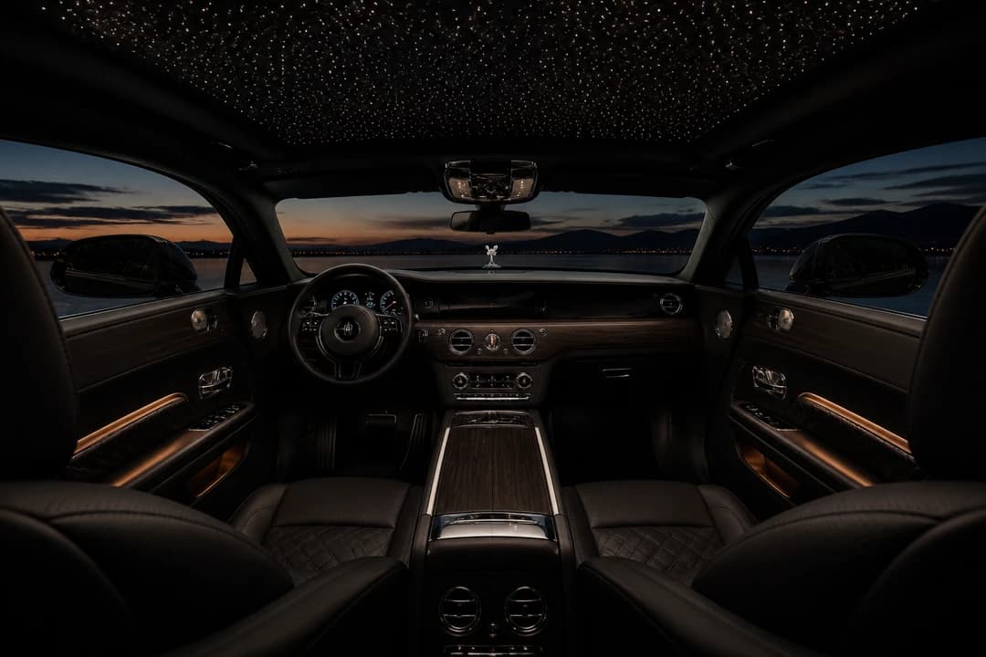 Rolls-Royce Spectre starlight headliner and quilted rear cabin for quiet electric luxury VIP city travel