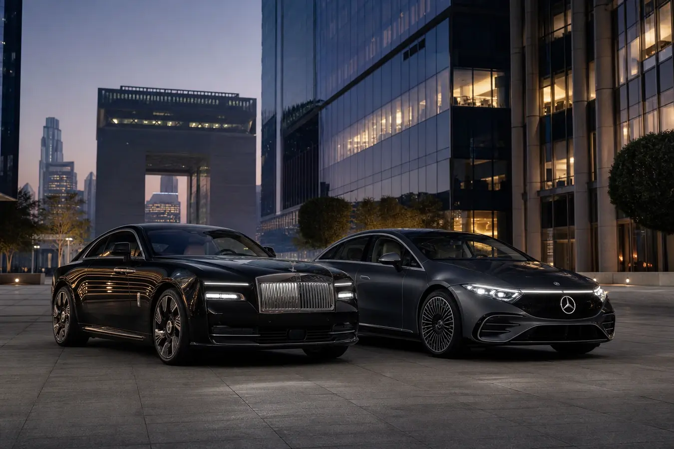 Rolls Royce Spectre vs Mercedes EQS Dubai hero with a black Spectre coupe and graphite EQS sedan at DIFC dusk