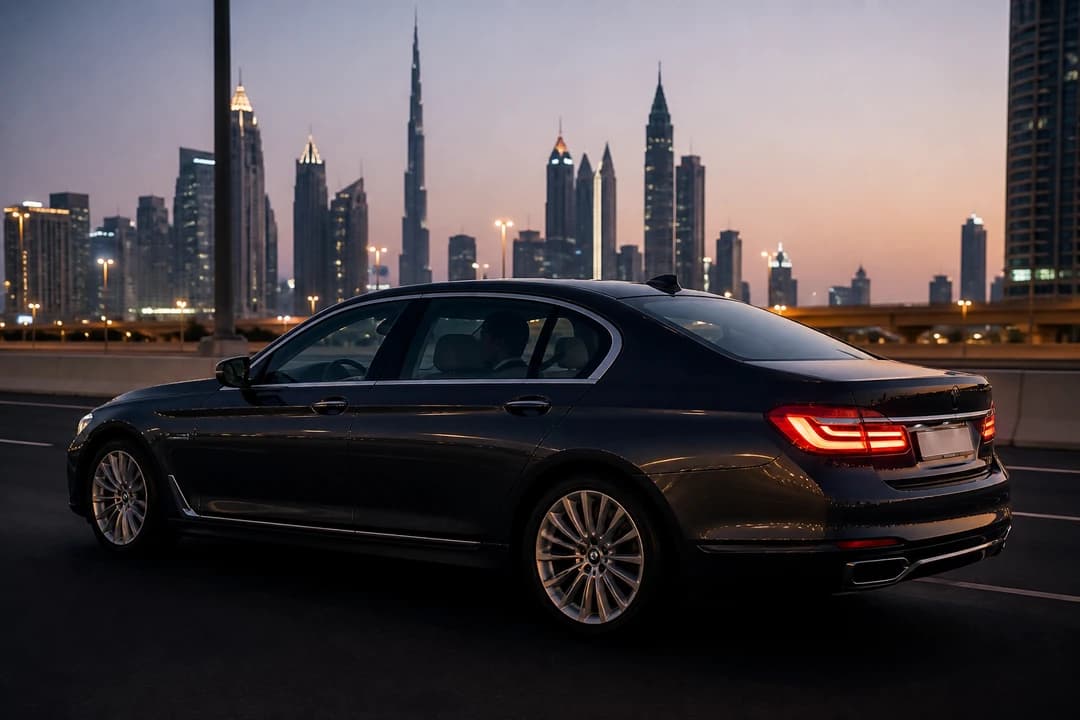 Luxury car hire Dubai with rear passengers belted in before a Sheikh Zayed Road merge