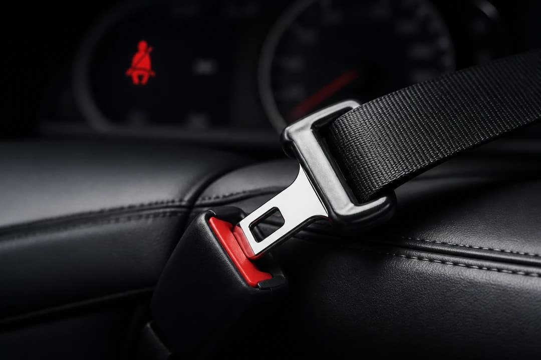 Close-up of a fastened seat-belt buckle and red reminder light in a Dubai rental cabin