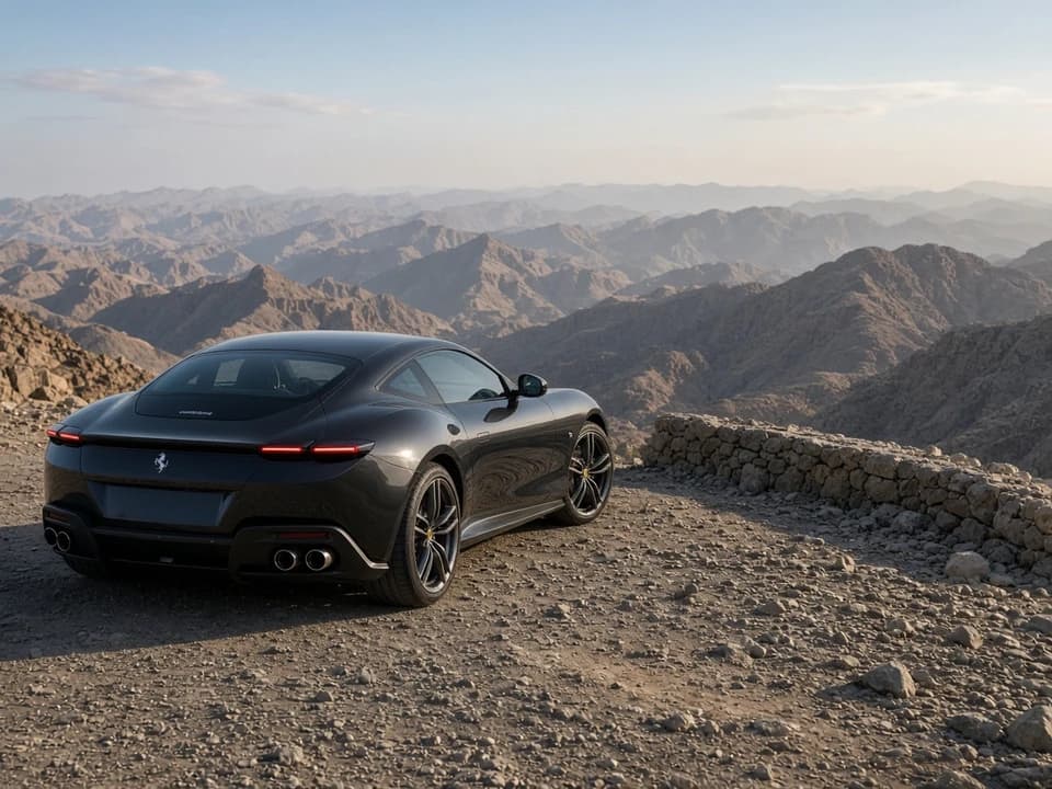 Sports coupe at a UAE mountain overlook for a sports-car mountain day trip from Dubai