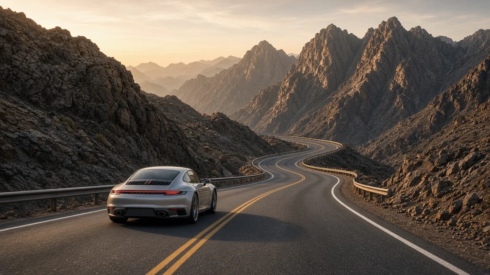UAE mountain drives sports car: silver sports coupe on a winding UAE mountain dual carriageway at morning