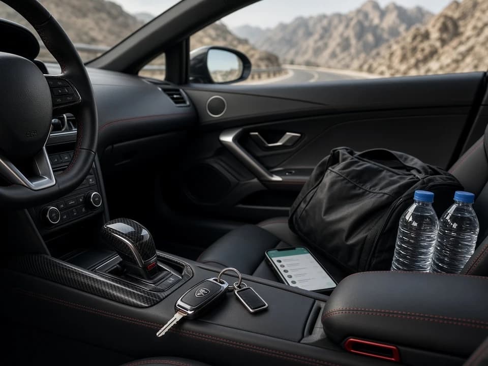 Dubai car delivery checklist with keys and WhatsApp before UAE mountain drives in a sports car