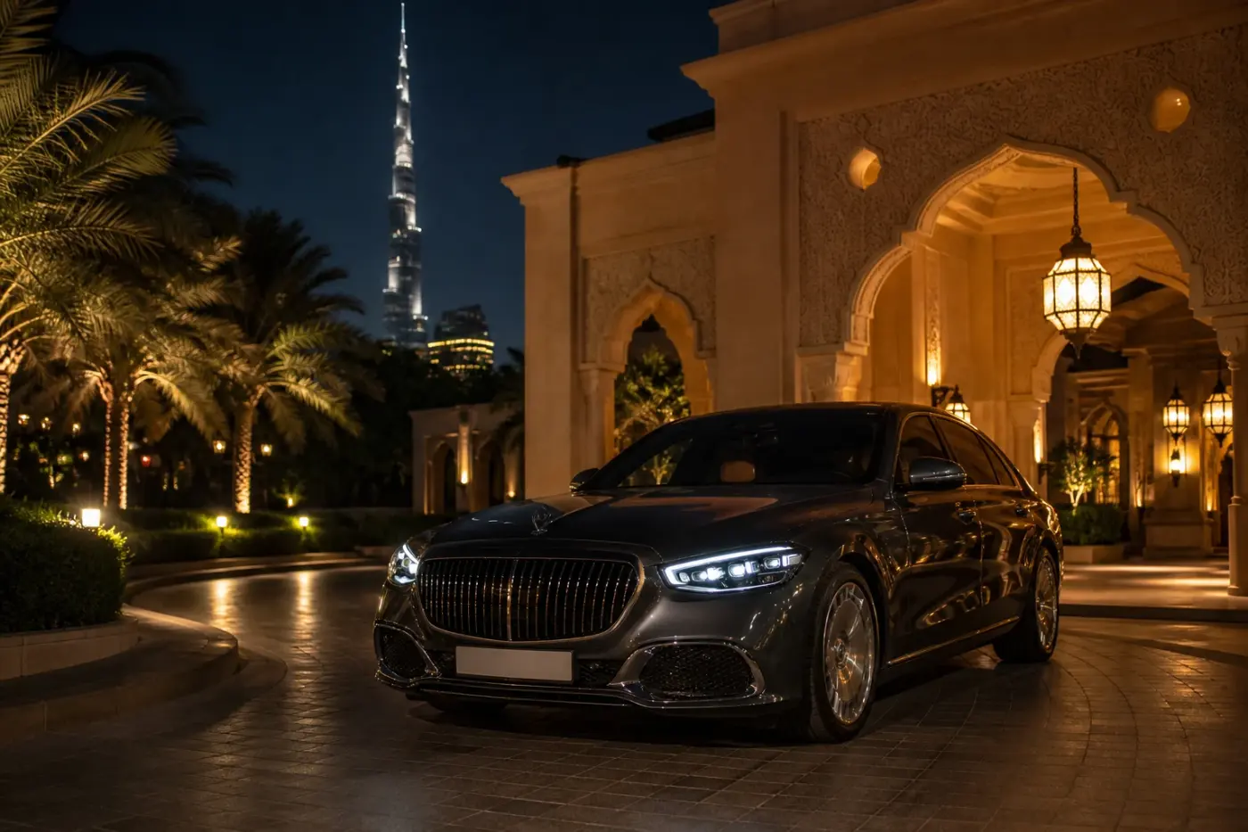VIP luxury car rental Dubai with a Mercedes-Maybach at a hotel porte-cochère at night