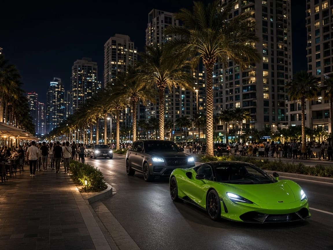 Lime green supercar and grey luxury SUV cruising past cafés on a Dubai beachfront boulevard at night