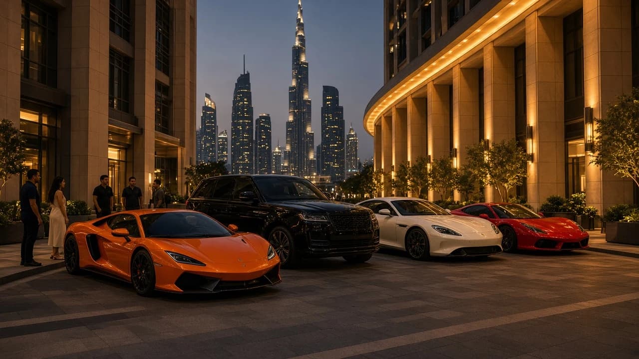 Where to see luxury cars in Dubai: supercars and a luxury SUV parked at a Downtown Dubai valet forecourt at night