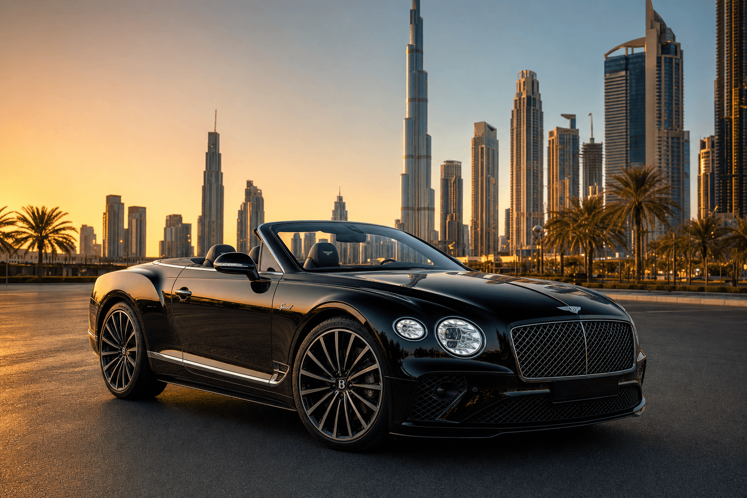 Bentley Continental GTC Speed rental Dubai with skyline backdrop