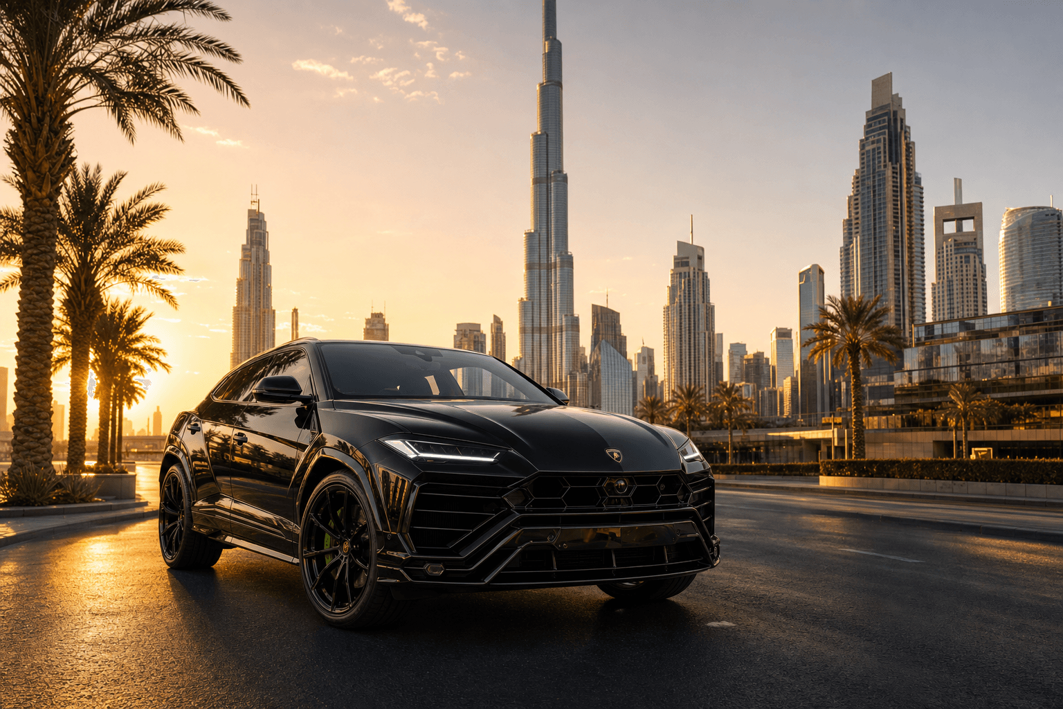 Lamborghini Urus SE rental Dubai with Burj Khalifa skyline