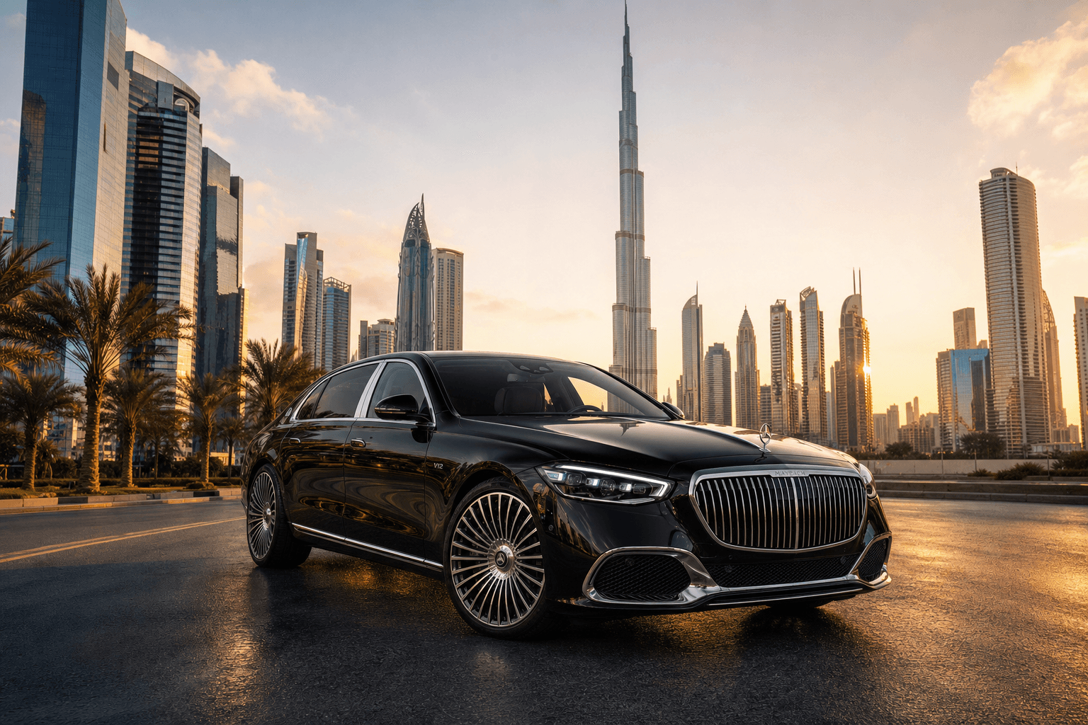 Maybach S680 rental Dubai with skyline backdrop
