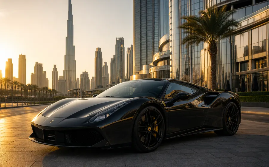Ferrari supercar at Downtown Dubai near Burj Khalifa district