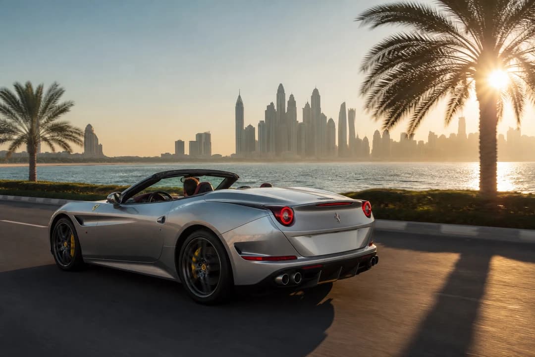 Luxury car rental Dubai day two: silver convertible on Palm Jumeirah coastal road at golden hour