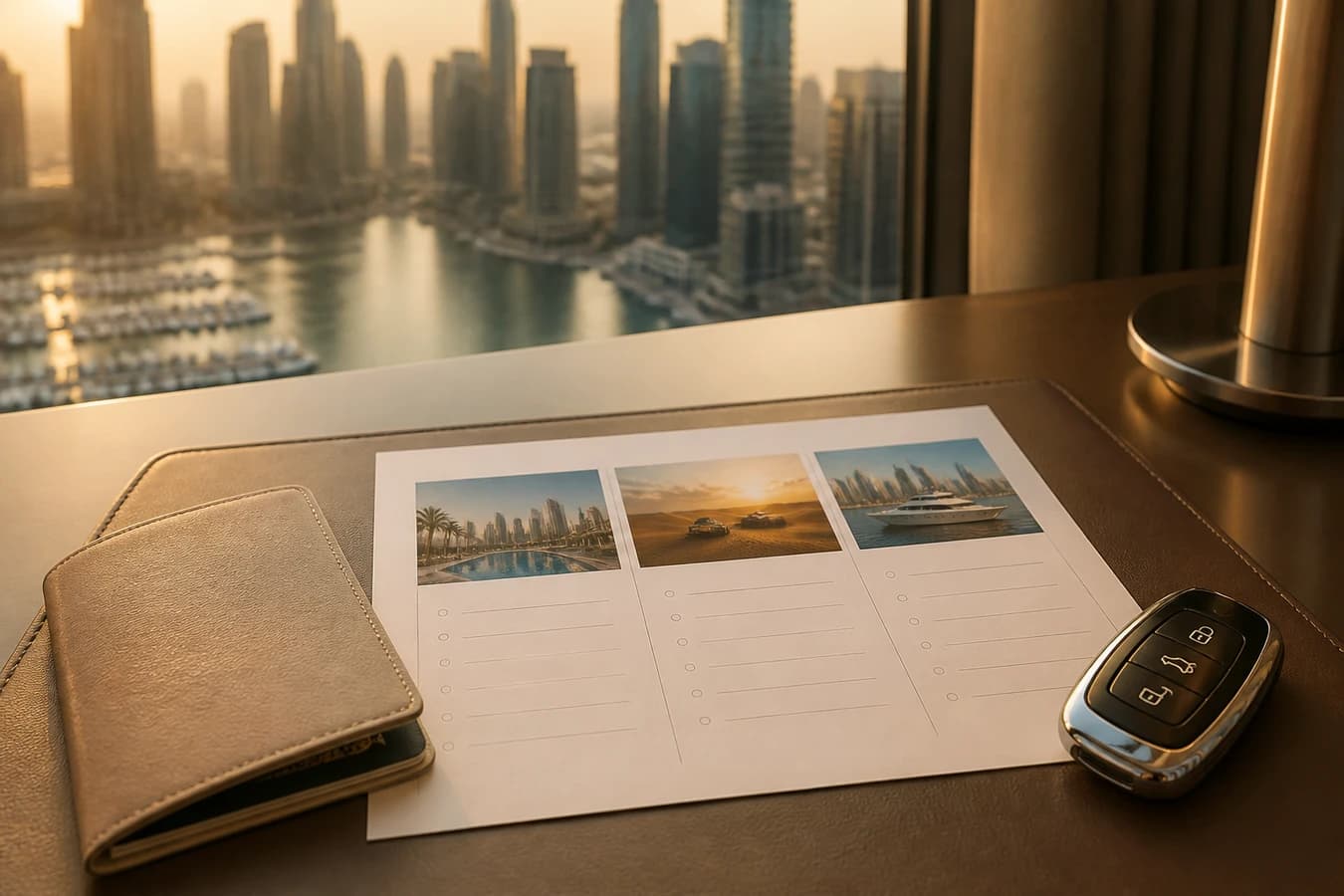 3 day Dubai luxury car itinerary: hotel desk with key fob and three-day plan beside Marina glass skyline