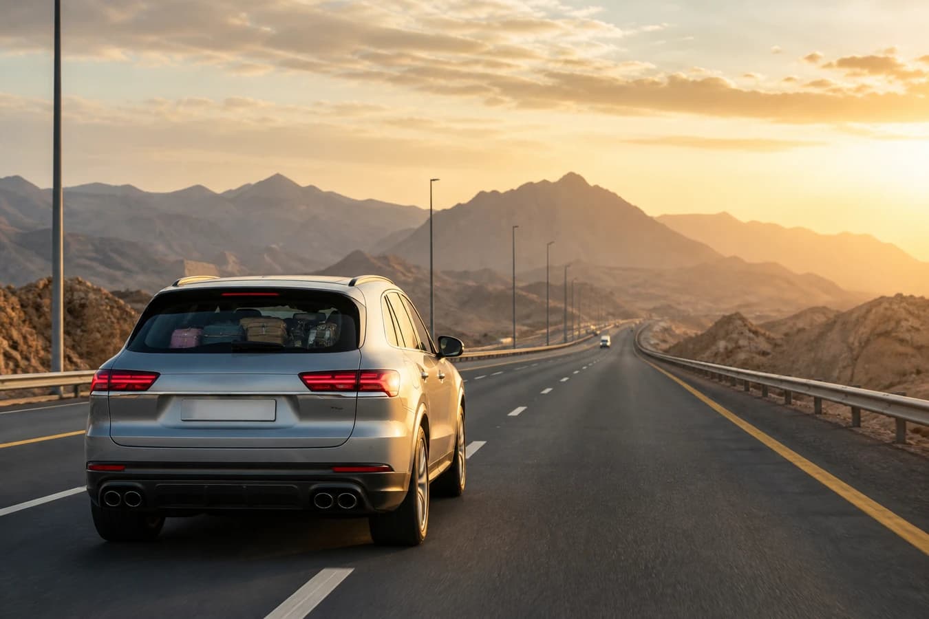 5 day UAE luxury car road trip: luxury SUV on a sealed dual carriageway toward mountains from Dubai