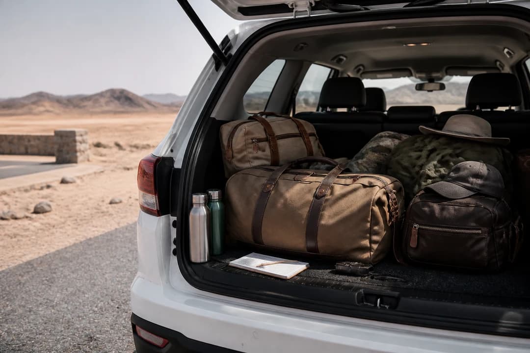 Dubai car delivery packing: open SUV boot with soft bags, water, and mileage notes before a multi-day UAE hire