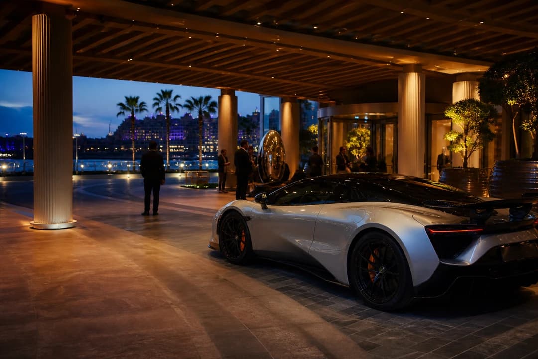 Supercar rental Dubai at an Abu Dhabi waterfront hotel porte-cochère for Grand Prix weekend arrival theatre