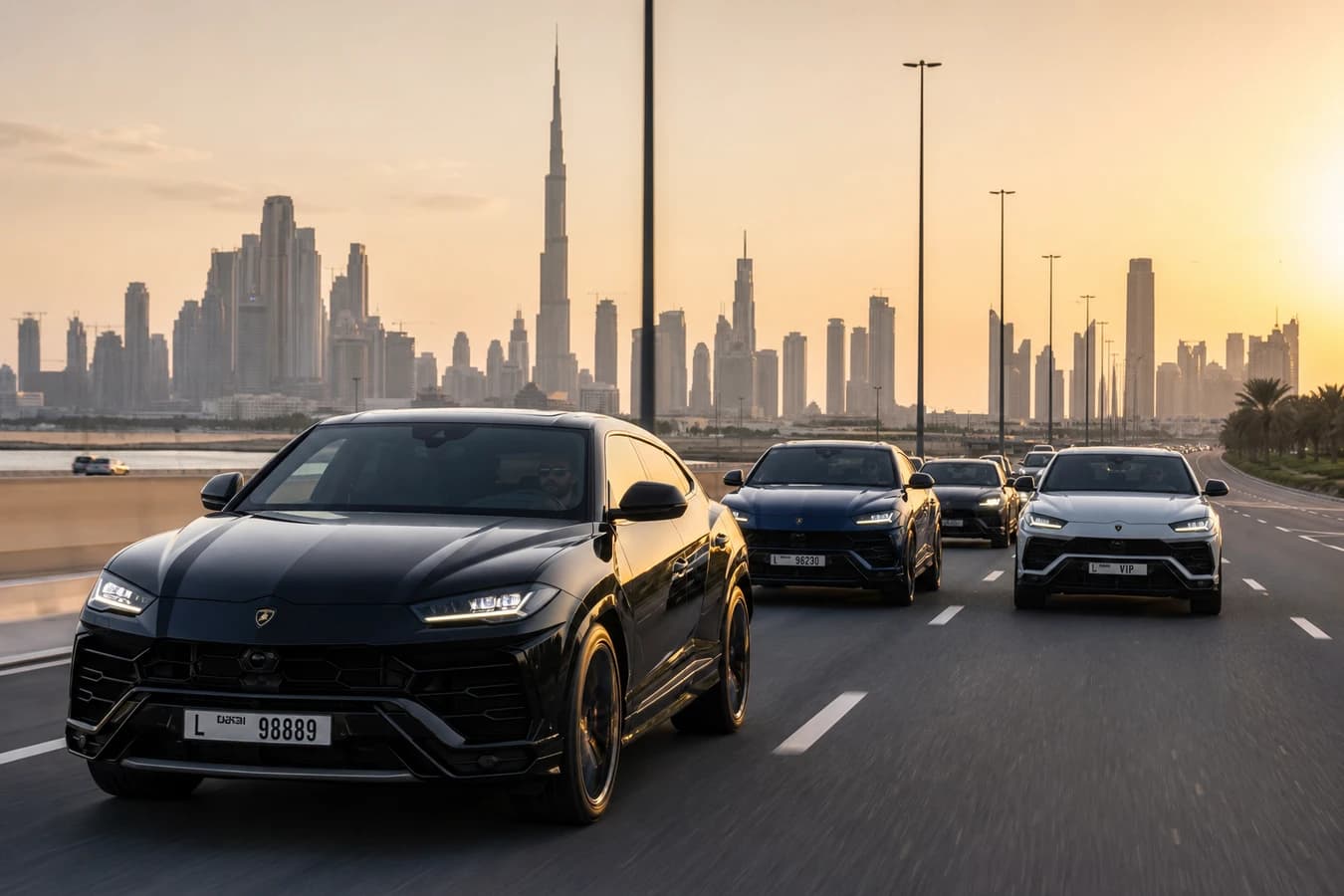 Abu Dhabi Grand Prix car rental Dubai road trip: luxury SUV on the dual carriageway toward Abu Dhabi at golden hour