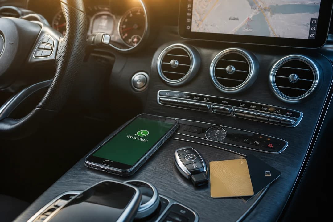 Dubai car hire planning: WhatsApp and hotel keys beside a luxury key fob before an Abu Dhabi Grand Prix weekend