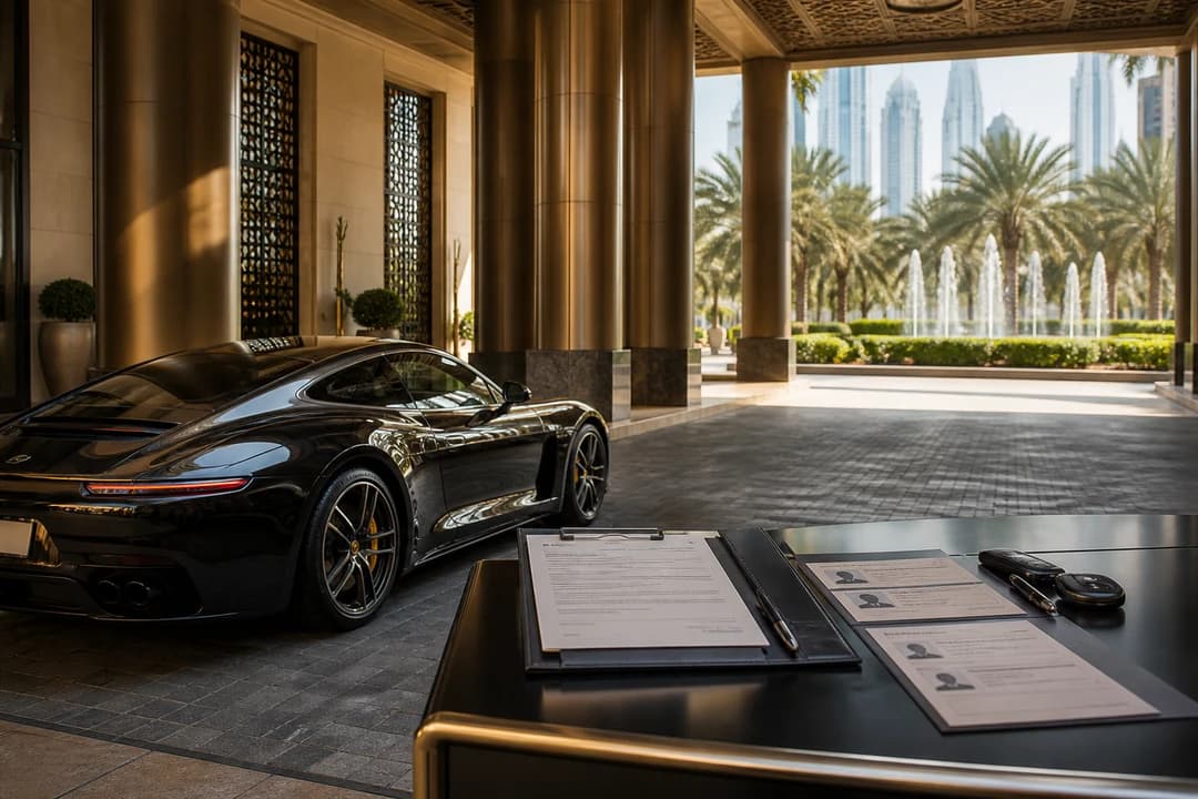 Dubai car rental guide: hotel porte-cochère handover with documents ready for named drivers on a luxury hire