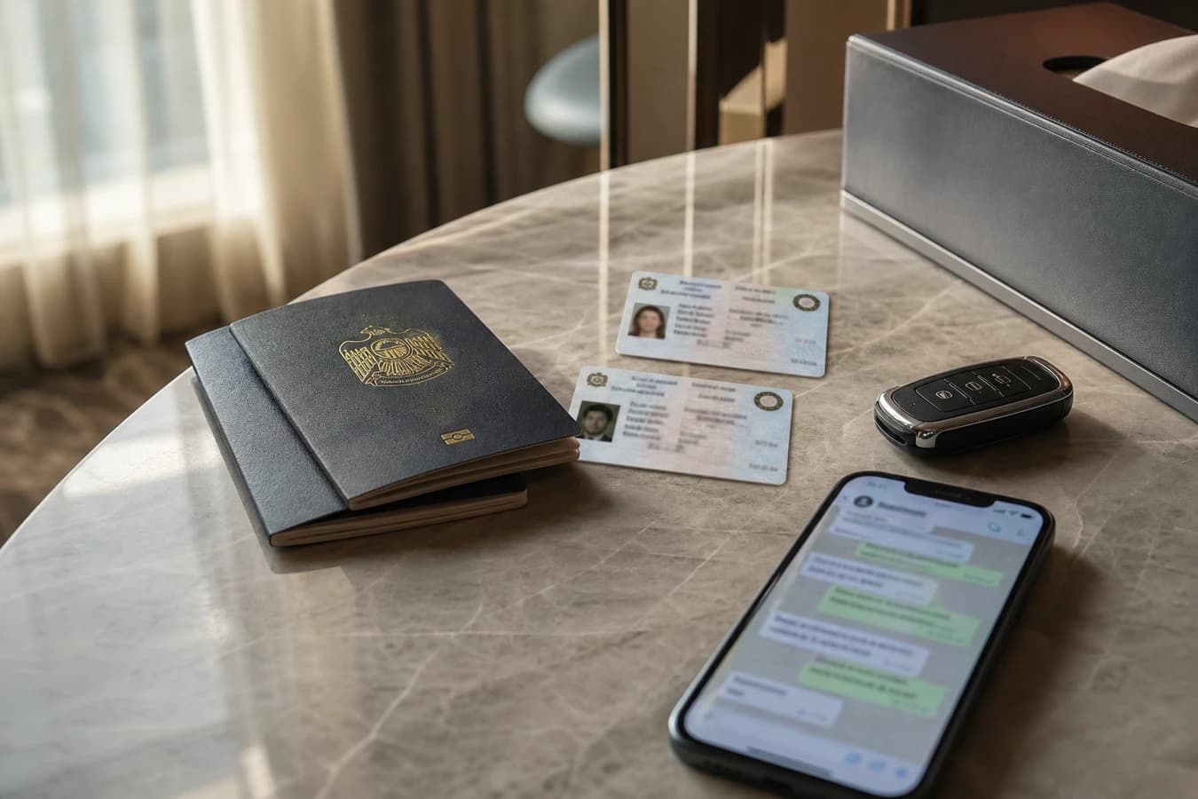 Additional driver luxury car rental Dubai: two licences and passports beside a luxury car key on a hotel desk