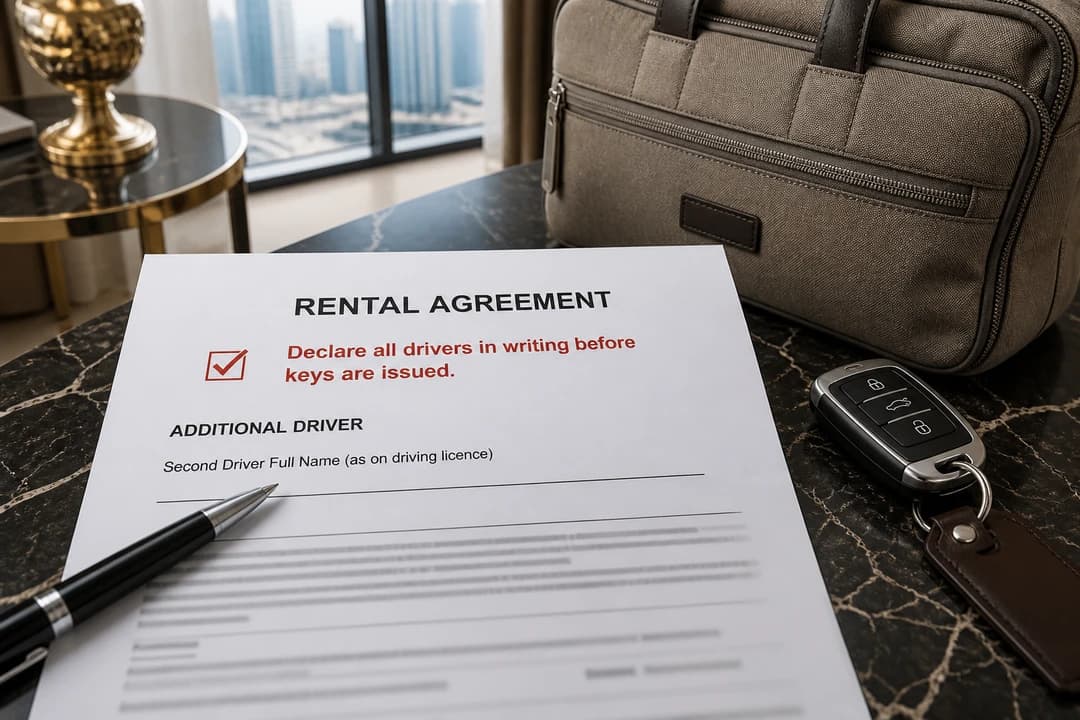 UAE rental rules checklist: rental agreement driver line marked before keys for luxury car rental Dubai