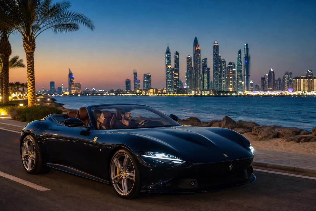 Ferrari Roma Spider on Palm Jumeirah at blue hour for supercar rental Dubai anniversary coastal evenings