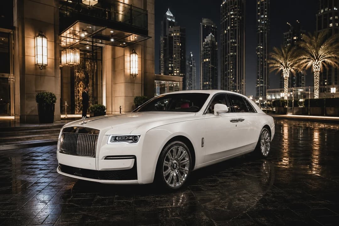 Rolls-Royce Ghost at a Downtown Dubai hotel entrance for luxury car rental Dubai anniversary hotel arrivals