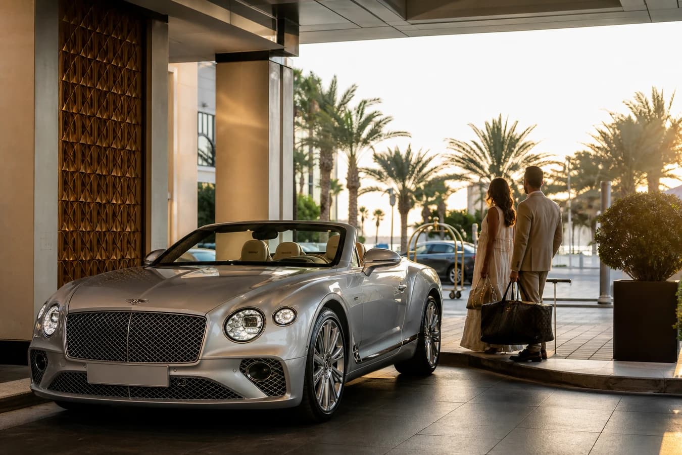 Anniversary luxury car rental Dubai: Bentley Continental GTC at a hotel porte-cochère for couples weekend arrivals