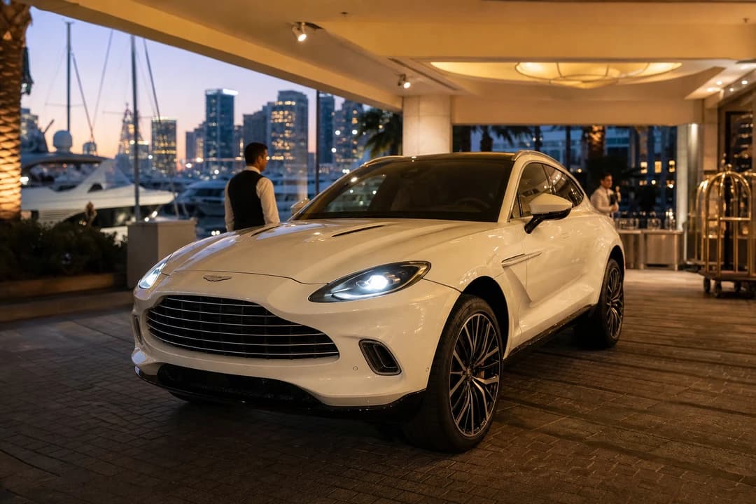 White Aston Martin DBX at a Dubai Marina hotel porte-cochère at dusk for Aston Martin DBX hire Dubai arrivals