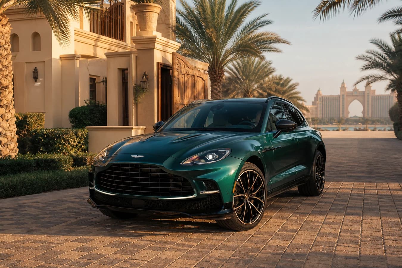 Aston Martin DBX rental Dubai: dark green DBX at a Palm Jumeirah villa gate in golden hour