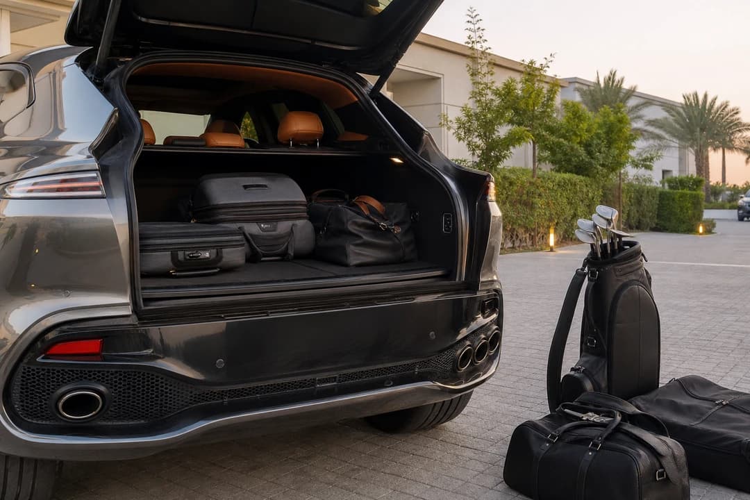 Aston Martin DBX open boot with soft bags and a golf bag at a Dubai Hills villa for rent Aston Martin DBX Dubai packing