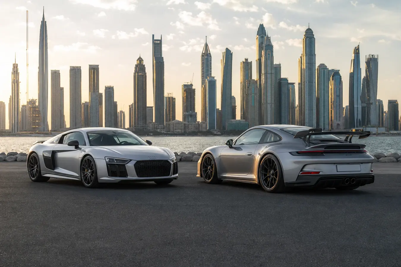 Audi R8 vs Porsche 911 rental Dubai: both cars parked side by side on a Dubai waterfront with the Marina skyline at golden hour