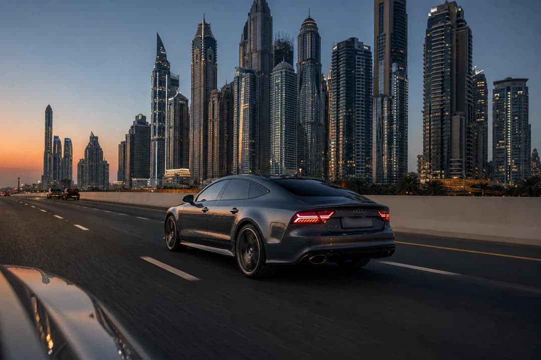 Audi RS7 on Sheikh Zayed Road at blue hour for exotic car rental Dubai executive evening pace