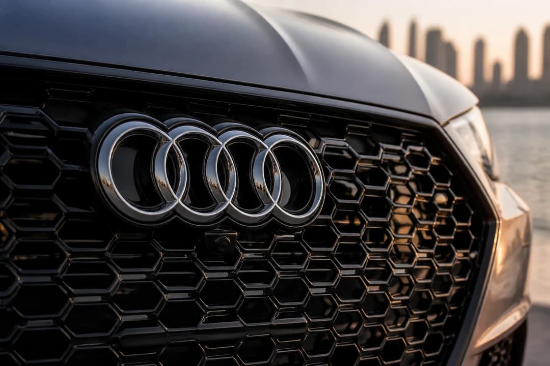 Audi RS7 honeycomb grille and rings badge detail for Audi RS7 rental Dubai identity
