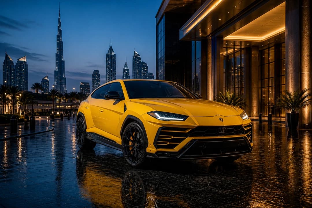 Lamborghini Urus at a Downtown Dubai hotel valet for best luxury car Dubai theatrical arrivals