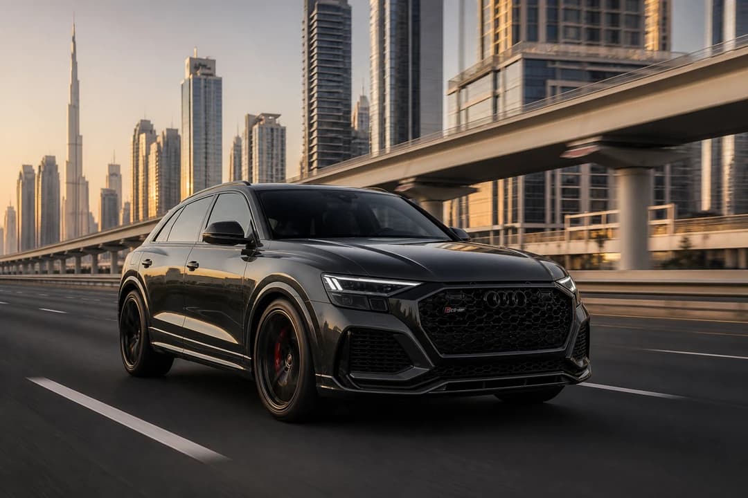 Audi RSQ8 on Sheikh Zayed Road for luxury car comparison Dubai daily performance SUV usability