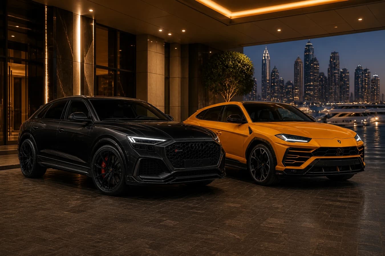 Audi RSQ8 vs Lamborghini Urus Dubai hero with both performance SUVs at a Marina hotel porte-cochere at dusk