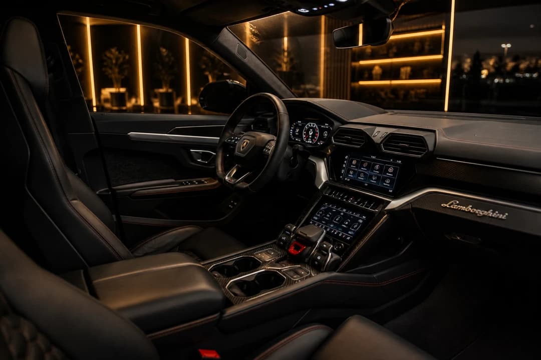 Lamborghini Urus cockpit for supercar rental Dubai guests who still need five seats