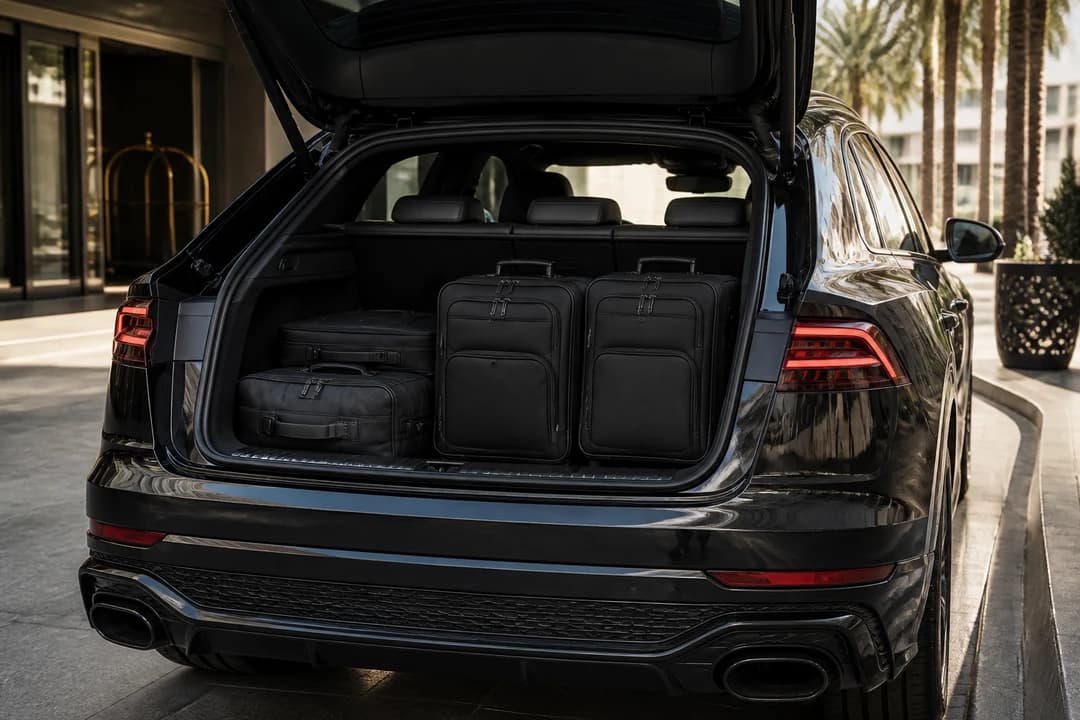 Audi RSQ8 open boot with soft luggage for luxury car hire Dubai packing on a performance SUV week