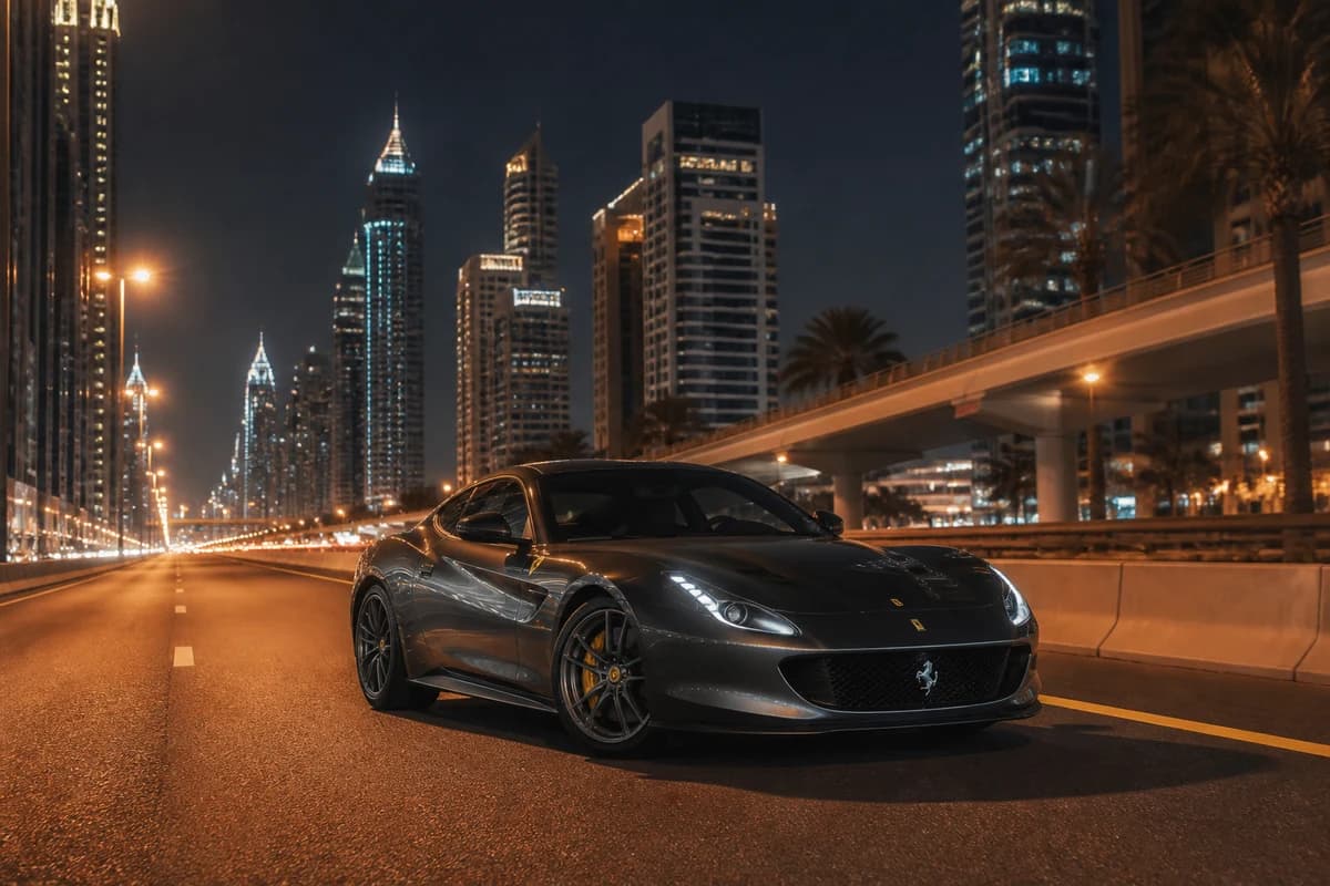 Supercar rental Dubai on Sheikh Zayed Road after sunset for August midweek evening driving