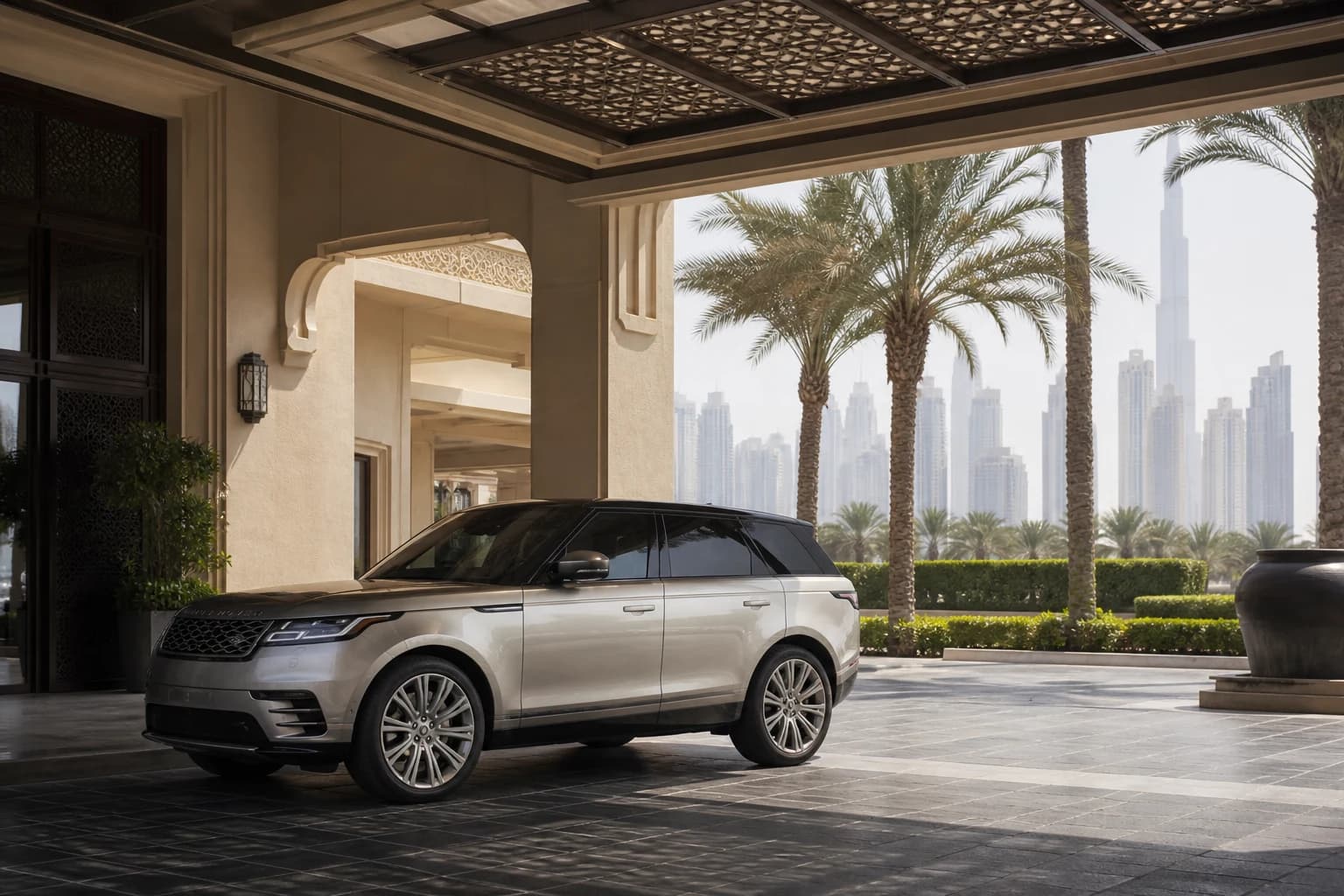 August luxury car rental Dubai hero with a closed luxury SUV in hotel shade during harsh summer midday light